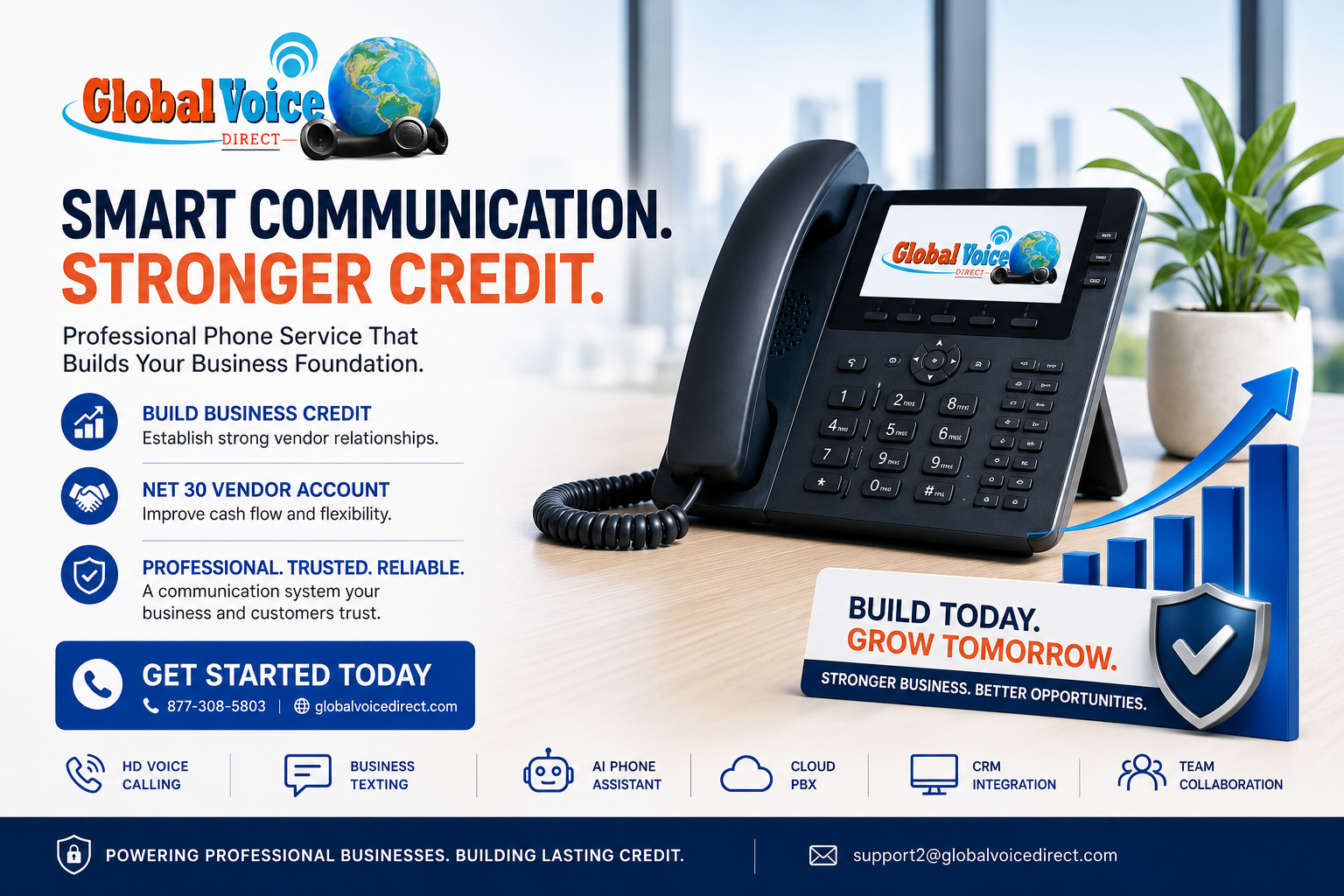 Net-30 telecom vendor account for business credit building with Global Voice Direct